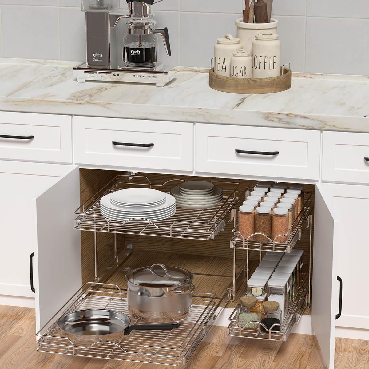 OCG 2 Tier Pull Out Cabinet Organizer (21.5" W x 21" D), Pull Out Drawers for Kitchen Cabinets, Pull Out Shelves for Base Cabinet Organization in Kitchen Bathroom Pantry, Chrome Finish