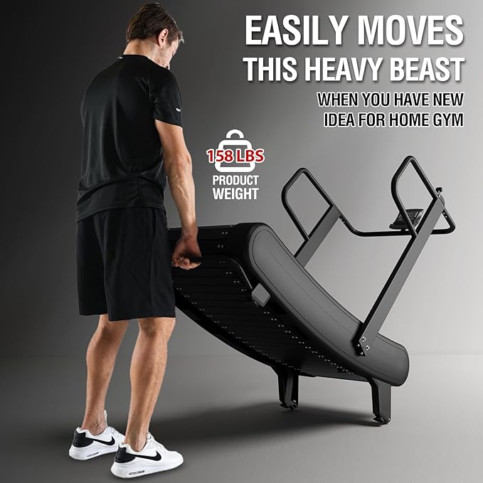 Mikolo Curved Manual Treadmill, Non Electric Treadmill with 8 Resistance Levels, LCD Digital Monitor Shock Absorption, Multi-Grip Adjustable Handrails, Non-Slip Belt