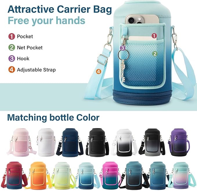 Insulated Water Bottle | Thickened Stainless Steel Vacuum Metal | Portable Sports Half Gallon Large Water Jug for Gym and Hiking with Straw, Carrier Bag, Handle Strap | BPA-Free 64 oz