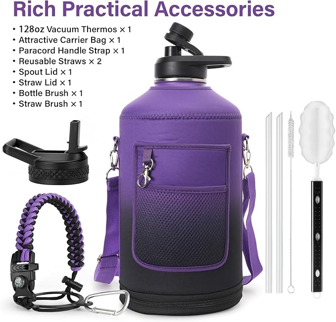 1 Gallon Water Bottle Insulated | Thickened Stainless Steel Vacuum Metal Water Jug | Portable Sports Large for Gym and Hiking with Straw, Carrier Bag, Handle Strap | BPA-Free 128 oz