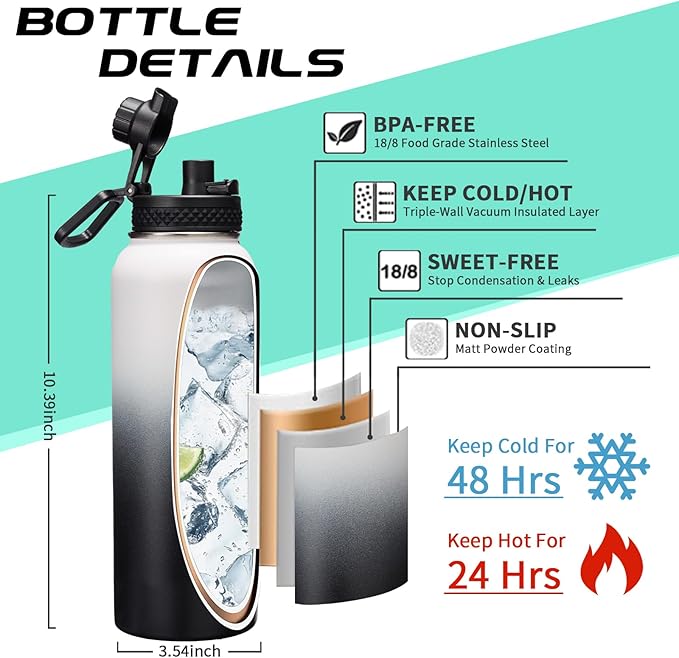 Stainless Steel Water Bottle 40oz with Straw & Auto Spout Lids, Paracord Handle, Insulated Water Flask Carrier Bag & Protective Boot, Thermo Bottle Mug Metal Canteen Keep Cold-48H & Hot-24H