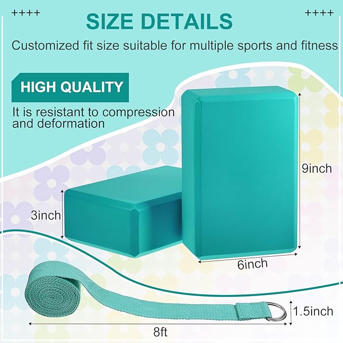 Meooeck 18 Pcs Yoga Block and Strap Set 9 x 6 x 3 Inch EVA Foam Non Slip Brick 8 ft Yoga Straps for Stretching D Ring Design for Back to School Pilates Fitness Workout Exercise