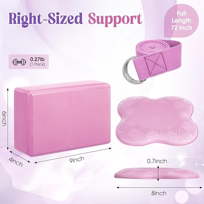 5 Pcs Yoga Blocks Knee Pads Yoga Strap Set Soft Premium Foam Blocks Accessories for Pilates Meditation General Fitness Stability, Kneeling, Balance, Deepen Stretches and Toning