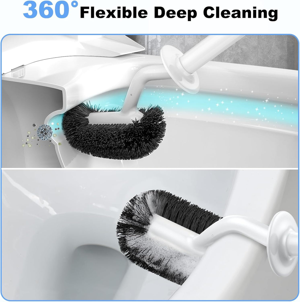 HAMITOR Toilet Bowl Brush Holder Set: Curved Design with Holder for Deep Cleaning Under Rim - Compact Hidden Scrubber for Small Space - Modern RV Bathroom Accessories - 2 Pack