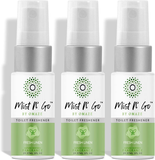 Mist N' Go by Omaze Travel Bathroom Spray - Toilet Odor Eliminator & Air Freshener - Fresh Linen (1oz x3)