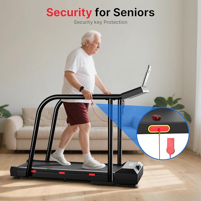 Yesoul Walking Treadmill for Seniors with Long Handrails – 4 Major Safety Protections, Emergency Stop Button, Treadmill for Home 300 lbs Capacity, Recovery Walking Machine with LED Display