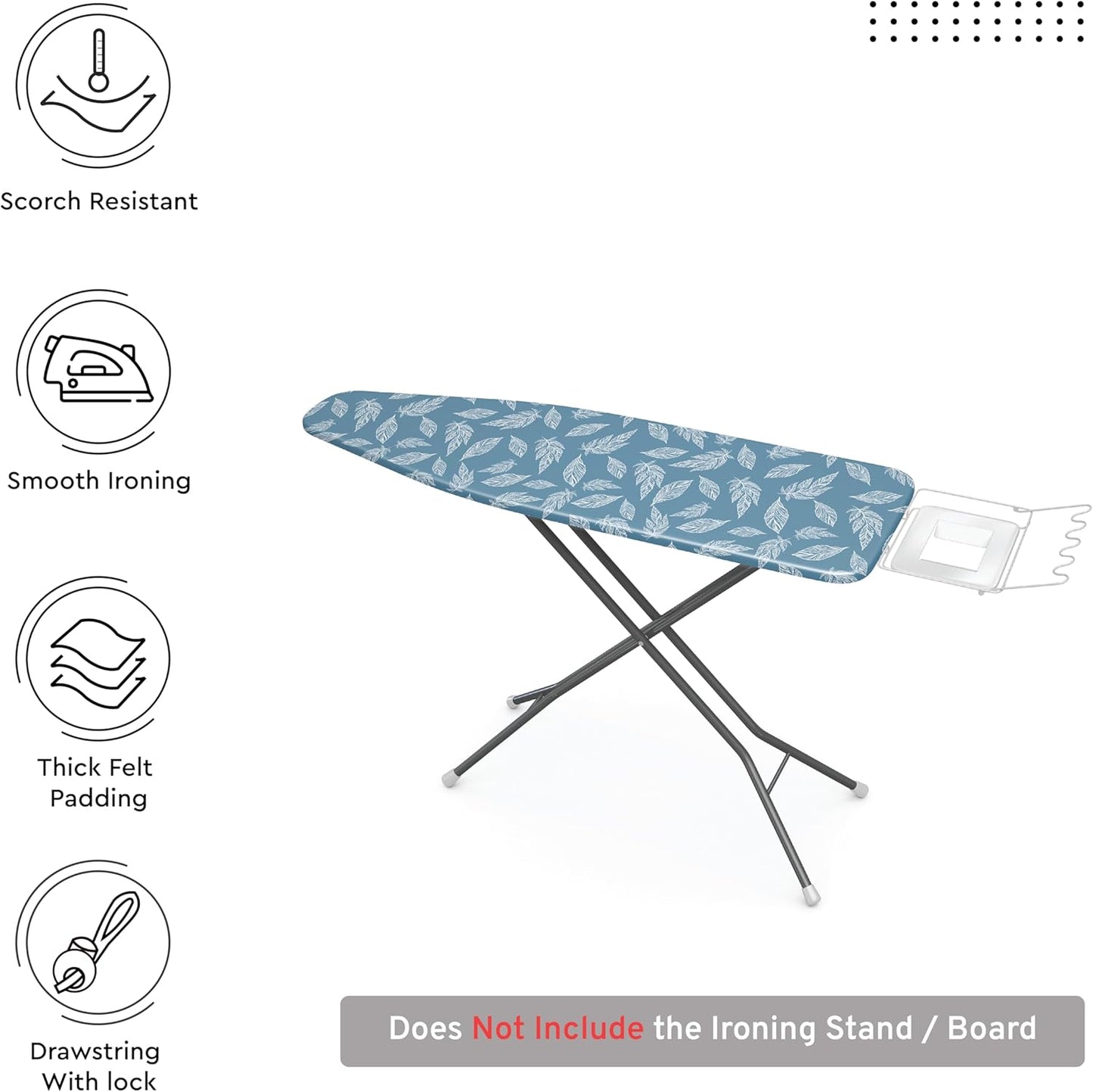 Encasa XO Ironing Board Cover and Pad 49"x18" - Thick 3mm Felt Padding, Drawstring Tightening & Lock, Easy Fit, Scorch & Stain Resistant, Fits Wide Ironing Board - Big Leaves Blue