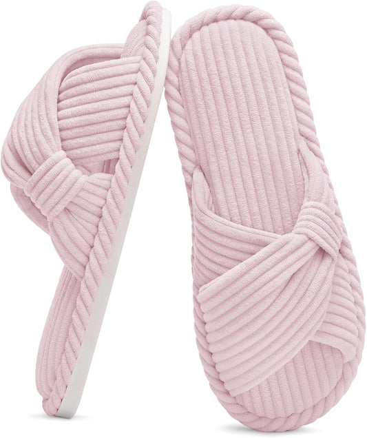Evshine Summer House Slippers for Women Corduroy Cross Bow Indoor Slippers Open Toe Slip On Bedroom Shoes with Memory Foam