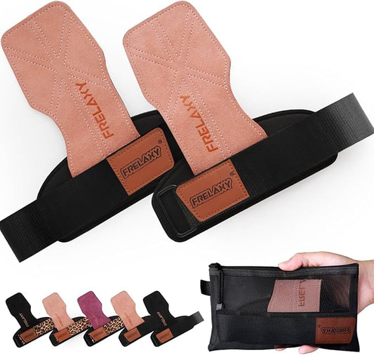 Frelaxy Lifting Wrist Straps Women and Men, Weight Lifting Grips with Cushion Wrist Loop, Double Layer Leather and Storage Pouch, Gym Workout Straps for Deadlift and Powerlifting