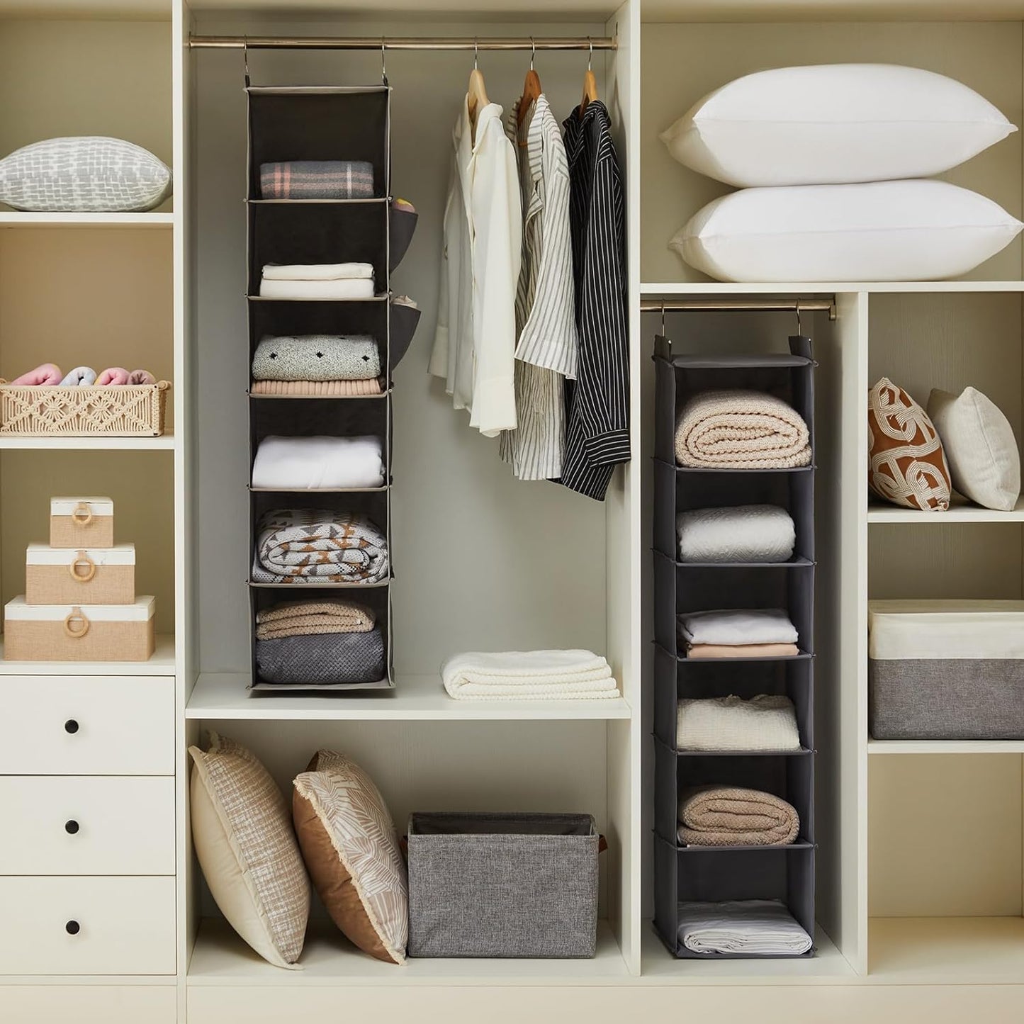 YOUDENOVA Hanging Closet Organizer and Storage, 6-Shelf Closet Hanging Storage Shelves, Grey