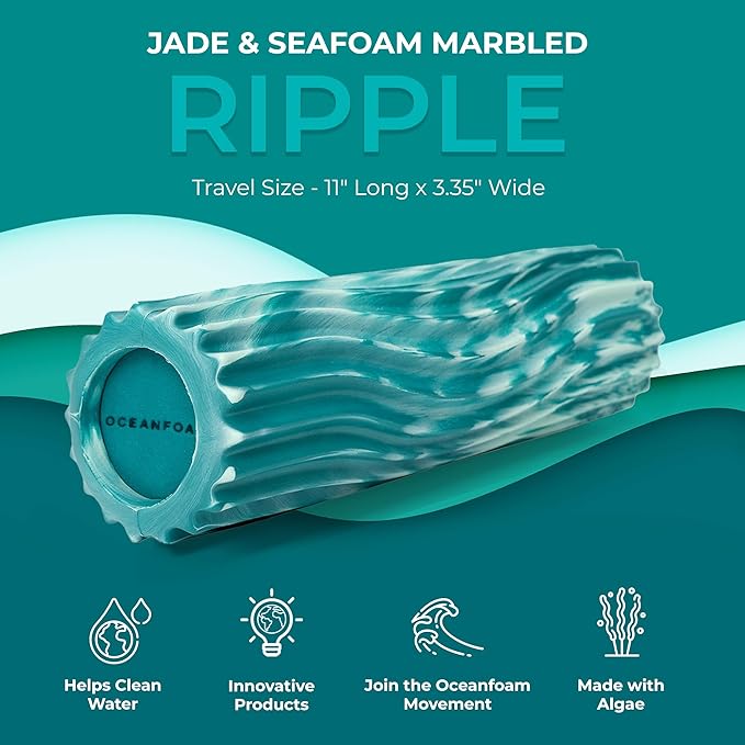 Oceanfoam Ripple Travel Foam Roller (11" x 3.35") Firm Mini Foam Roller for Physical Therapy, Deep Tissue Massage, Back Pain - High Density, Wave Textured - Yoga, Exercise (Jade & Seafoam Marbled)