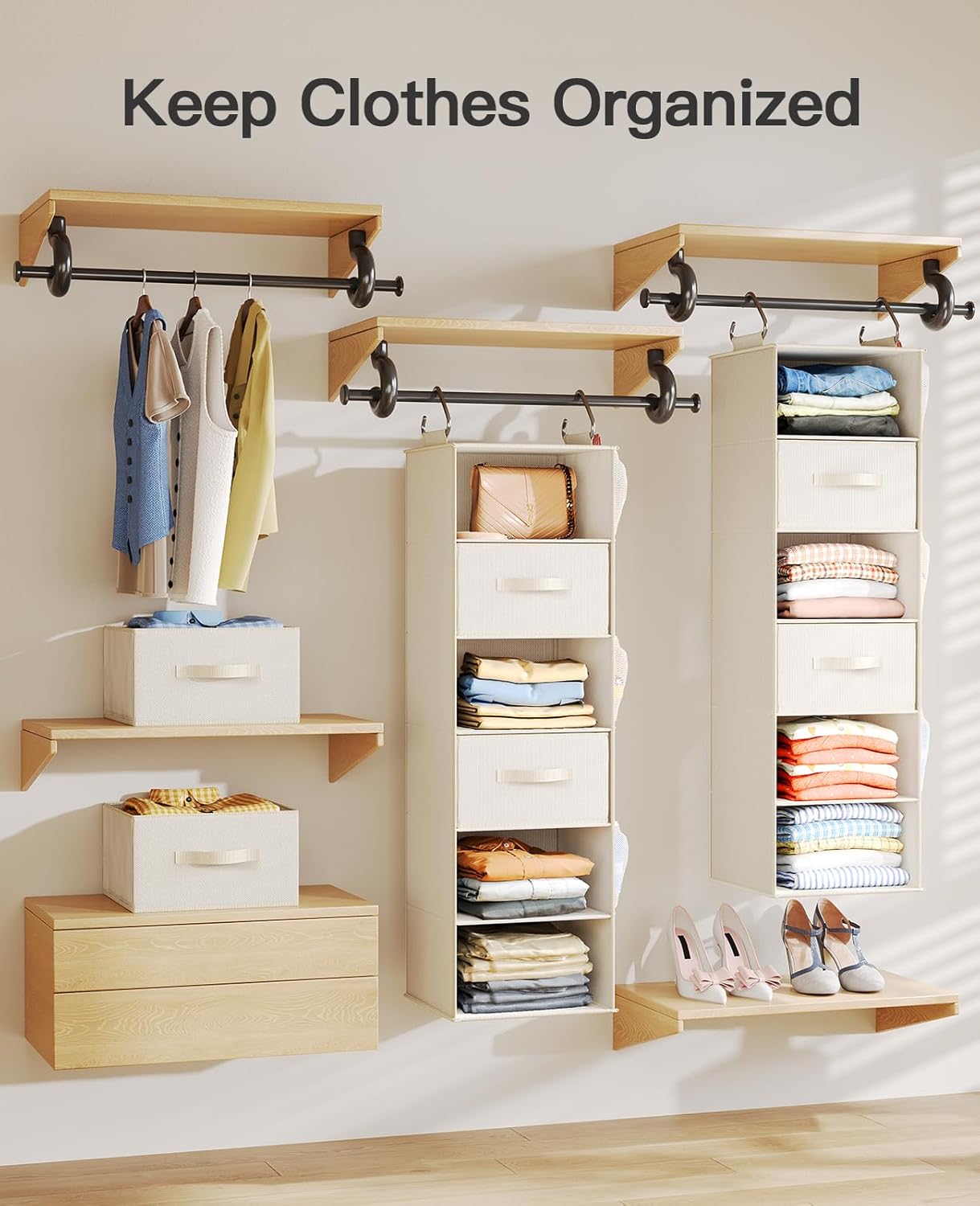 Pipishell Hanging Closet Organizer 6-Shelf, Hanging Shelves for Closet with 3 Removable Drawers & Side Pockets, Hanging Shelf Organizer for Bedroom or Garment Rack, 12'' x 12'' x 43.3'', White