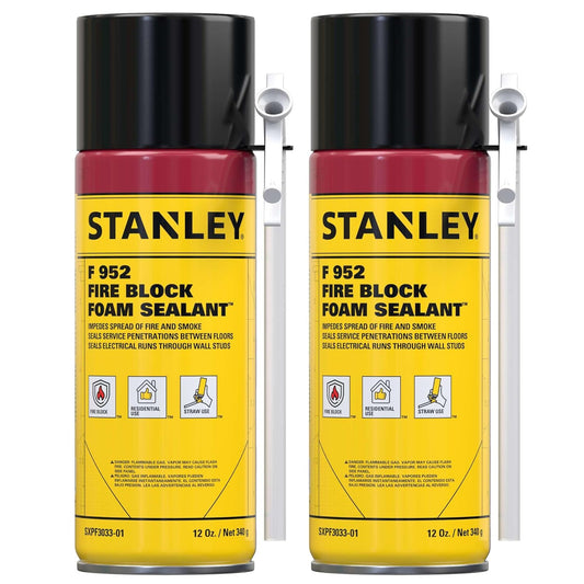Stanley F952 Fire Block Spray Foam – (2x12oz) Fire Rated Expanding Polyurethane Foam Sealant for Gap Filling & Sealing on Doors, Windows, Walls, Pipes & Joints – Indoor/Outdoor Straw Use | 2 Pack