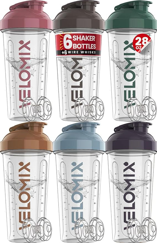 '-6 PACK- 28 oz Protein Shaker Bottle for Protein Mixes - 6x Wire Whisk | Leak Proof Shaker Cups for Protein Shakes | Protein Shaker Bottle Pack | Protein Shake Cup (Muted Clarity)