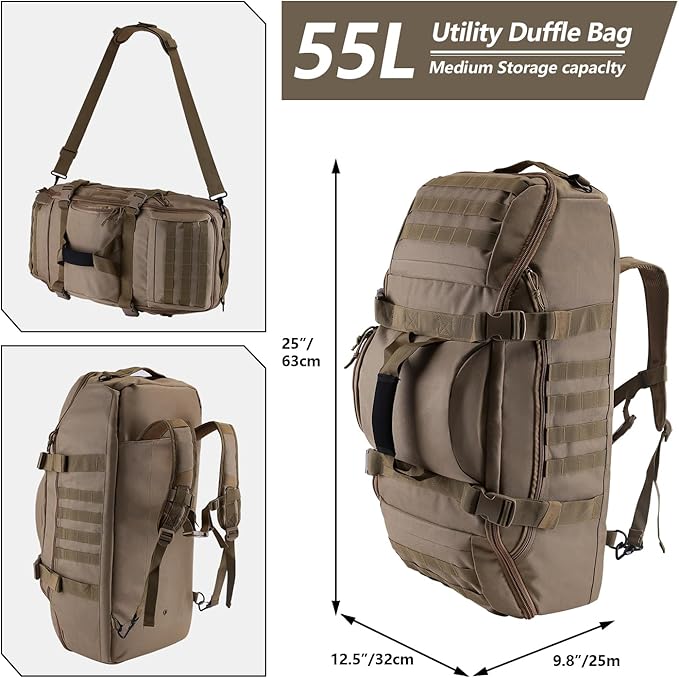 55L Large Duffle Bag, 3-in-1 Tactical Backpack MOLLE Pack for Gym, Sports, Outdoor, Coyote