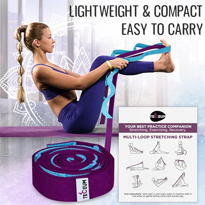 TECEUM Stretching Strap for Yoga & Physical Therapy – 10 Loops – Non-Elastic Leg Stretch Straps for Stretching, Exercising, Pilates, Post-Injury Rehabilitation for All Levels – Men & Women