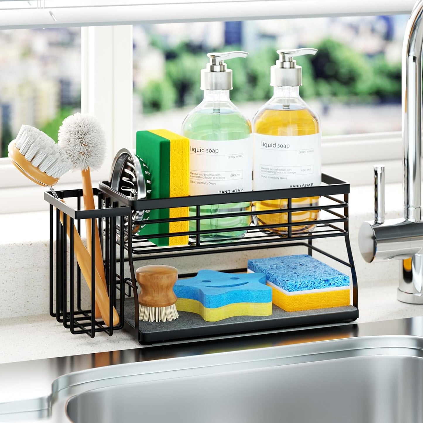 SWTYMIKI Sponge Holder for Kitchen Sink - 2 Tier Rustproof Sink Caddy with Instant Drying Stone, Removable Dish Brush Holder, Stainless Steel Kitchen Caddy for Coutertop Storage Accessories