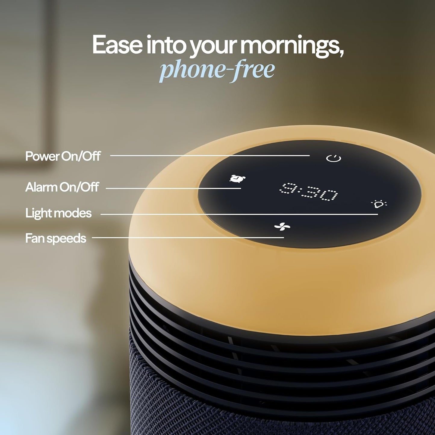 BLUEAIR Purifier for Bedroom - Mini Restful - Sunrise Clock with HEPASilent Filtration and Wake Up Light - Cleans Air and Supports Circadian Rhythm - USB-C and App Connectivity, Blue