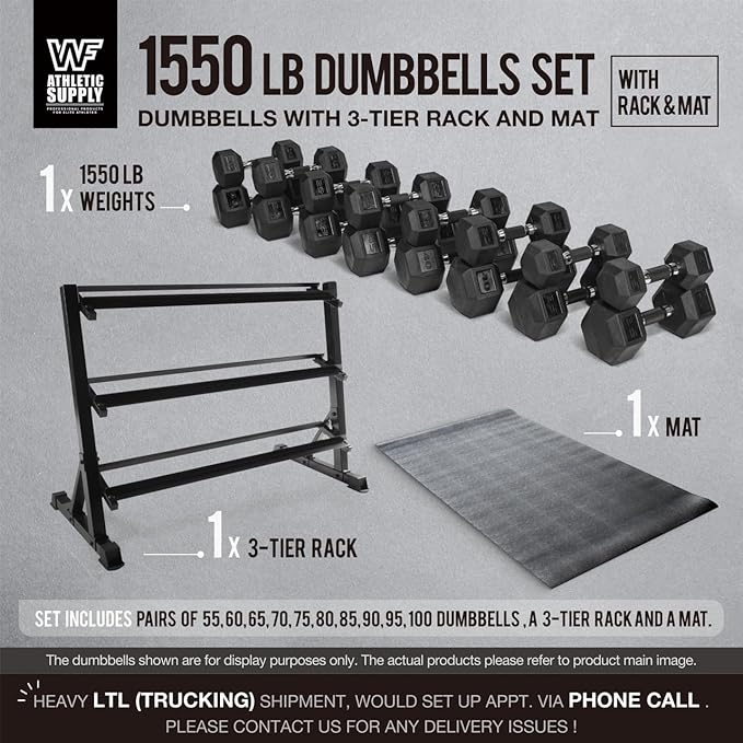 WF Athletic Supply Rubber Encased Hex Dumbbells with Rubber Grip Contoured Handle for Muscle Toning, Strength Building & Full Body Workout