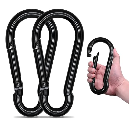 KINLINK 2 Pack Black Carabiner Clip, 7 inch Heavy Duty Spring Snap Hook, Large Caribeener Clips for Camping, Swing Set, Hammock, Hiking, Travel, Weight Lifting Machine, Home Gym Equipment