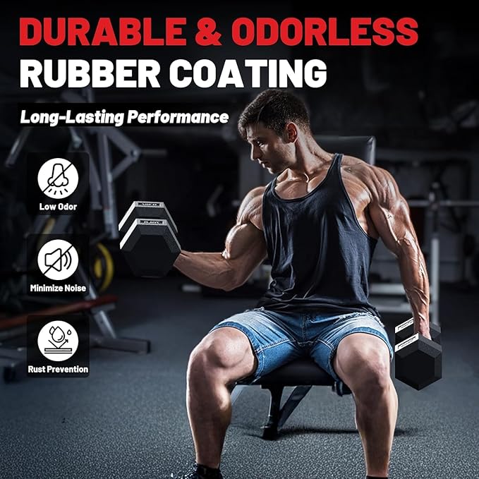 PAPABABE Hex Dumbbell Set with Rack, Rubber Encased Free Weight with Weight Storage Racks, Multiple Weight Options for Home Gym and Fitness