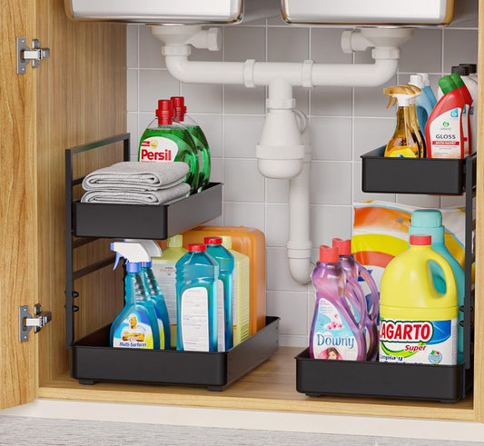 EVERIE Height Adjustable 2 Tier Metal Pull Out Slide Shelf Organizer for Under Sink Cabinets in Kitchen, Bathroom, with Snap-on Top Tray, 16" Deep (Black, 2 Sets)