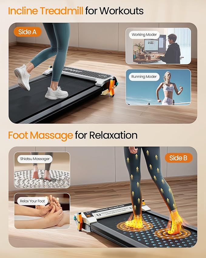 Walking Pad with Incline - Dual-Sided 2 in 1 Under Desk Treadmill with Shiatsu Foot Massager, 330LBs Walking Pad Treadmills for Home and Office, LED Display and Remote Control