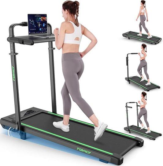 Walking Pad Treadmill with Desk Workstation, 10% Incline Foldable Treadmill with Handrail, 300lbs Capacity, 3 Control Methods, 8 in 1 Folding Treadmills for Home Office