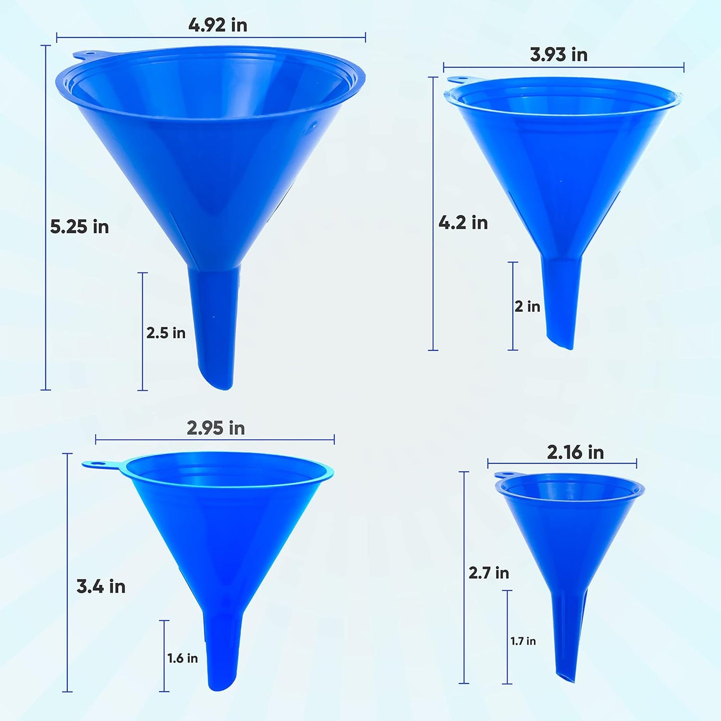 Funnel 4-Pack Funnels for Kitchen Use Filling Bottles - Food-Grade Plastic, Funnels for Automotive Use, Mess-Free Filling, funnels for Filling Bottles, Sizes (122, 101, 76 & 50mm)