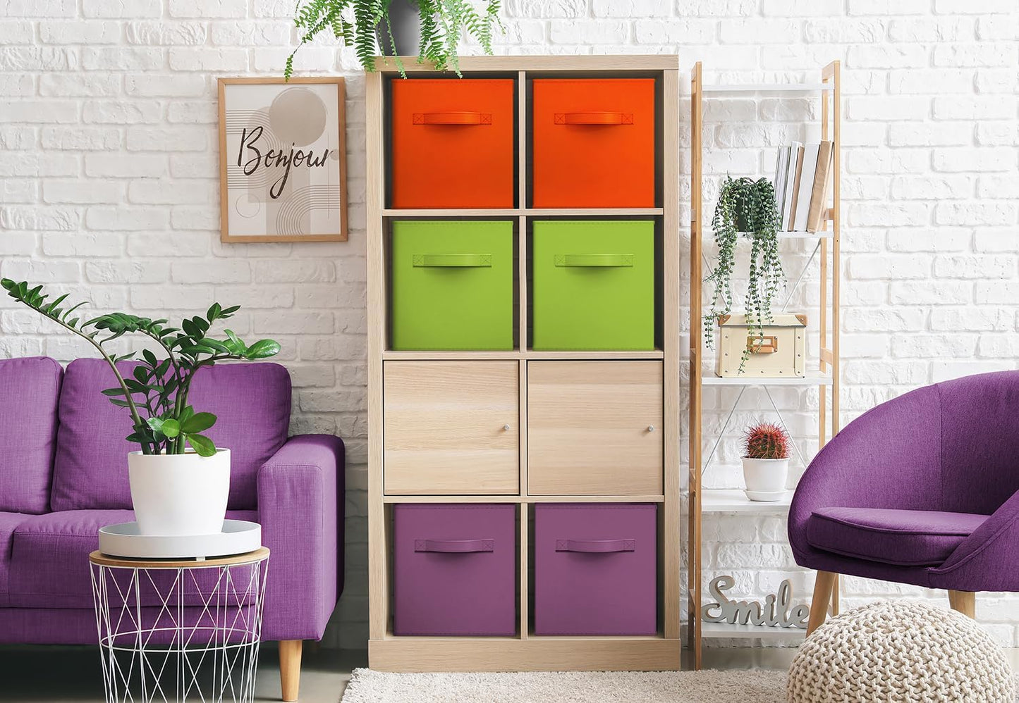 Sorbus Storage Cubes - 11" Foldable Storage Bins with Handle for Nursery, Playroom, Closet Organizers and Storage - 6 Fabric Shelf Basket for Toys, Books, Clothes - Purple Green & Orange Storage Bin