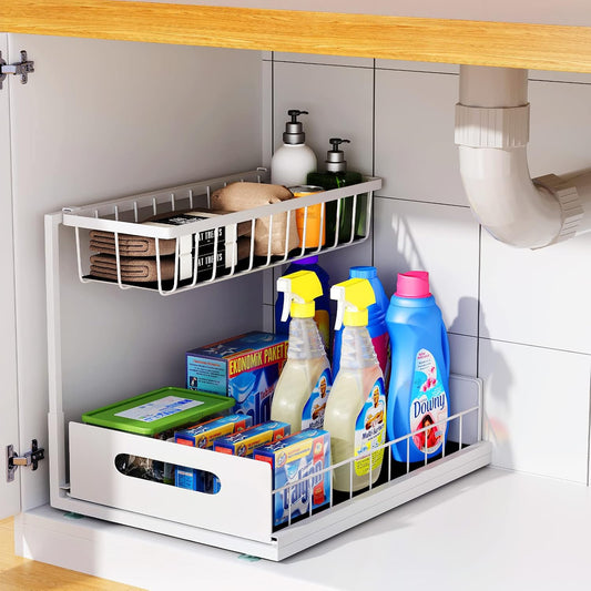 Under Sink Organizer, 2 Tier Under Sink Organizers and Storage Multi-Purpose Under Sink Storage for Bathroom Kitchen (White)