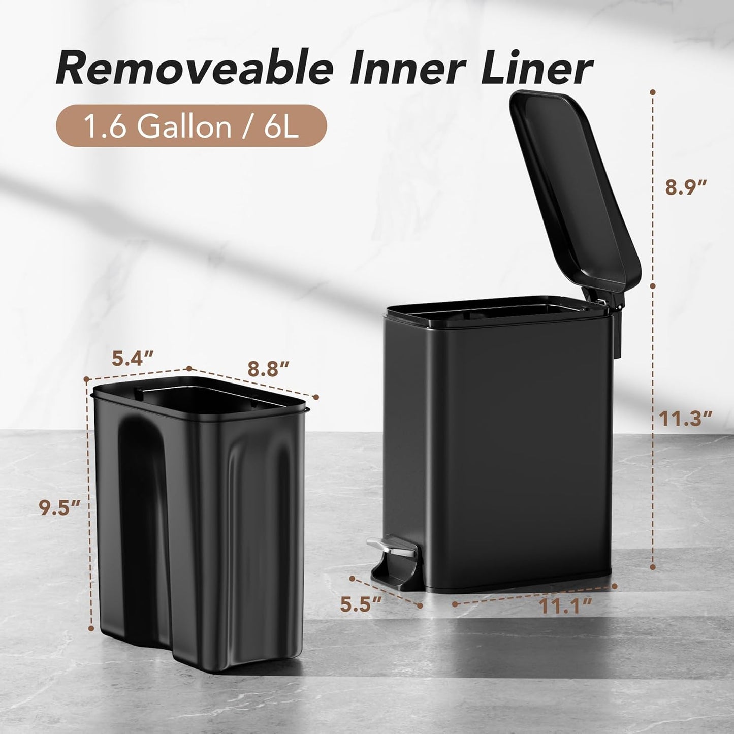 Small Trash Can with Lid Soft-Close, 6 L/1.6 Gal Bathroom Garbage Can with Removable Inner Bucket, Step Pedal, Stainless Steel Wastebasket for Kitchen, Bathroom, Bedroom, Office, Matt Black
