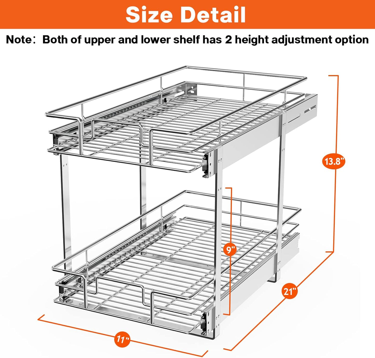 ROOMTEC Individual Pull Out Cabinet Organizer (11" W x 21" D), 2 Tier Spice Rack Organizer for Cabinet, Slide Out Drawer Pantry Shelf Organization and Storage for Kitchen Bathroom