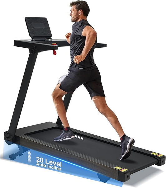 Foldable Treadmill with Auto Incline - 4 Hp 18.9 Inch Wide Treadmills for Home Seniors, 400 Lb Capacity, Backlit Knob Led Display, Shock Absorbent, Bluetooth App and Speaker, 12 Mph Speed
