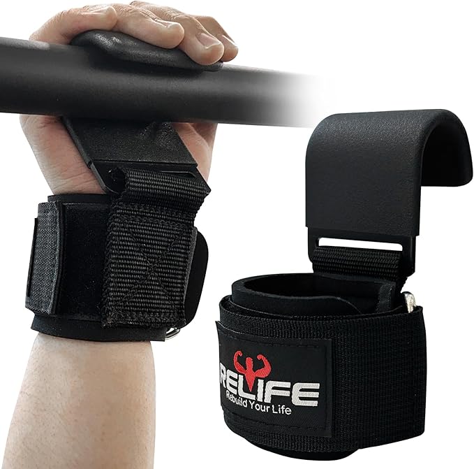 RELIFE REBUILD YOUR LIFE Lifting Hooks for Men and Women(Pair), Pull Up Straps, Gym Reapers Lifting Wrist Grips, Heavy Powerlifting, Lifting Hooks for Weight Lifting