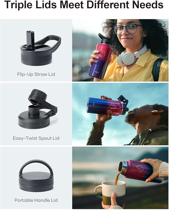 BUZIO 32 oz Water Bottle Insulated with Straw & 3 lid and Carrying Pouch, Leak Proof Anti-Slip Stainless Steel Water Flask Jug, Cold for 48 Hrs Double Vacuum Thermo Canteen, Pearlescent Red Black