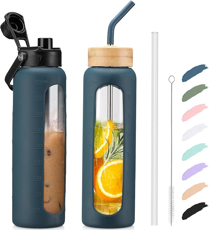 Kodrine Water Bottle with Straw, 24 oz Glass water Bottle with 2 Lids Bamboo Straw Lid and Spout Lid with Handle, 32 oz Clear Water Bottle Glass for Sports Travel, Waterbottle with Time Marker