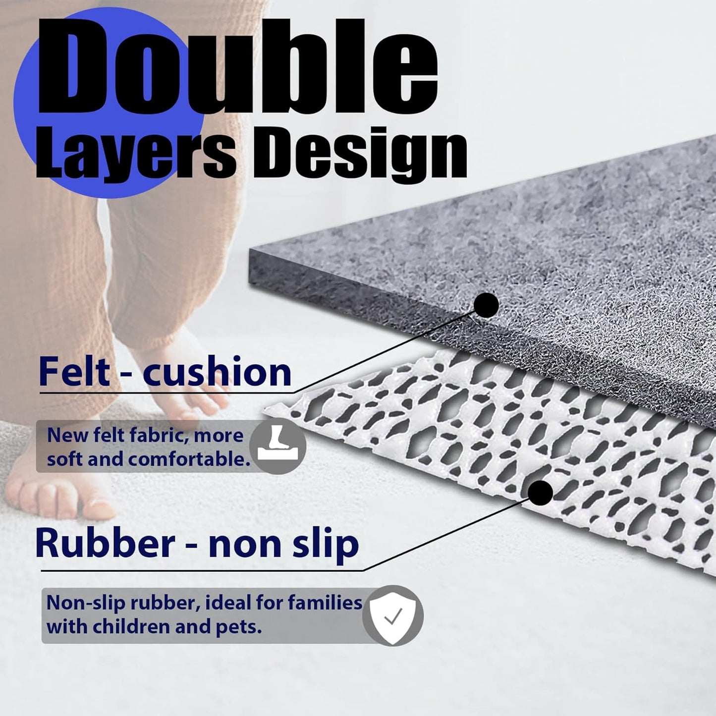Non Slip Rug Pad Grippers - 4x6, 1/4" Thick, Felt + Rubber Double Layers Area Carpet Mat Tap, Provides Protection and Cushioning for Hardwood or Tile Floors