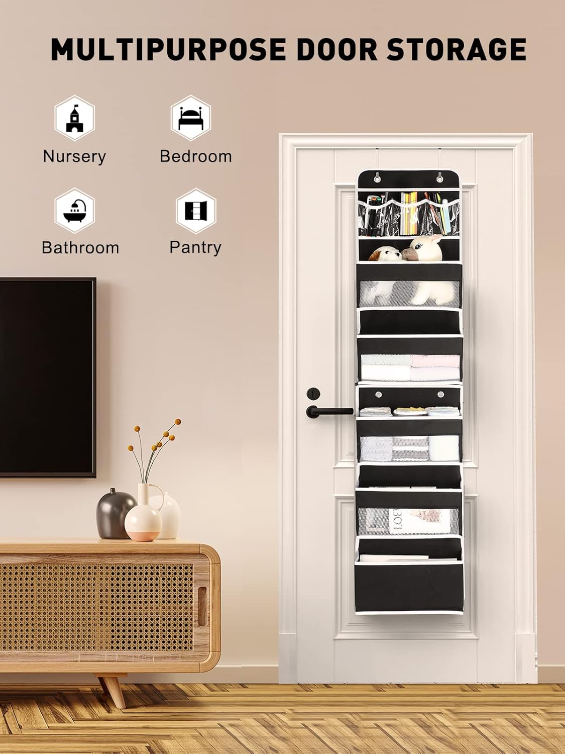 Yecaye 6-Tier Over The Door Storage Organizer, Flexible 1 Split into 2 Swing-Proof Hanging Bathroom Organizer, Bedroom Organizers and Storage for Newborn Baby Essentials, Black