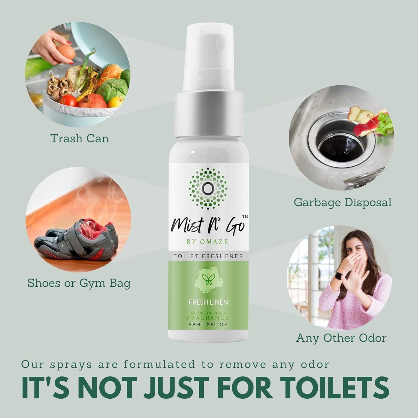Mist N' Go Omaze Travel Toilet Spray Odor Eliminator - Fresh Linen Daily Pack (2oz + 1oz)