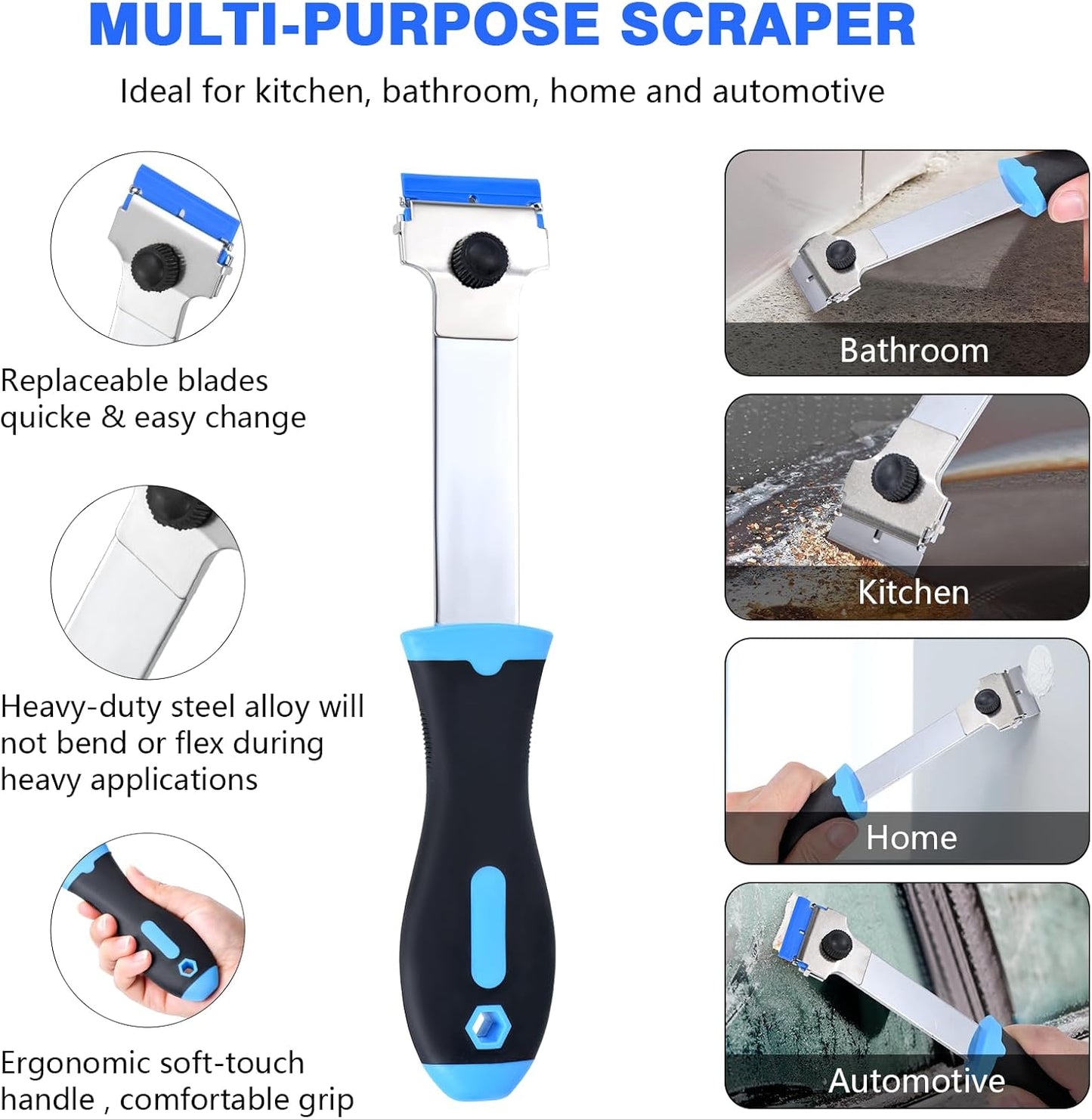 Razor Blade Scraper Tool with 10 Pcs Extra Replacement Metal and 10 Pcs Plastic Razor Blades, Long Handle Scraper Tool for Cleaning Cooktop, Paint, Tile, Window Glass Scraper