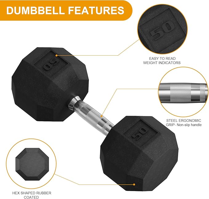 Premium Rubber Coated Hex Dumbbell Weight Set with Rack, Multiple Packages,210LB/350LB/450LB/550LB Set for Home Gym, Hand Weights for Muscle Toning, Strength Building & Full Body Workout