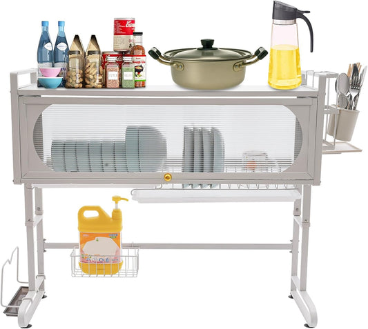 3 Tier Over The Sink Dish Drying Rack W/Clear Cabinet Door, Adjustable Dish Drainer Rack, White Large Dish Rack, Expandable Shelf Rack W/ Utensil Holder, Dish Drainer Kitchen Organizer for Home Use