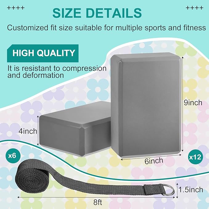 Meooeck 18 Pcs Yoga Block and Strap Set 9 x 6 x 3 Inch EVA Foam Non Slip Brick 8 ft Yoga Straps for Stretching D Ring Design for Back to School Pilates Fitness Workout Exercise
