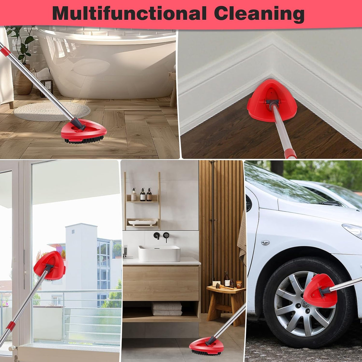 Mop Heads Replacements Complete Combo for O-Ceda,4 Pcs Red Machine Washable Microfiber Spin Mop Refills Replace Heads,2 Scrub Brushs,1 Base,1 Set Handle,Spin Mop Replacements for Tub and Tile Cleaning
