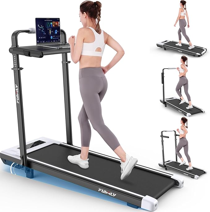 Walking Pad Treadmill with Desk Workstation, 10% Incline Foldable Treadmill with Handrail, 300lbs Capacity, 3 Control Methods, 8 in 1 Folding Treadmills for Home Office