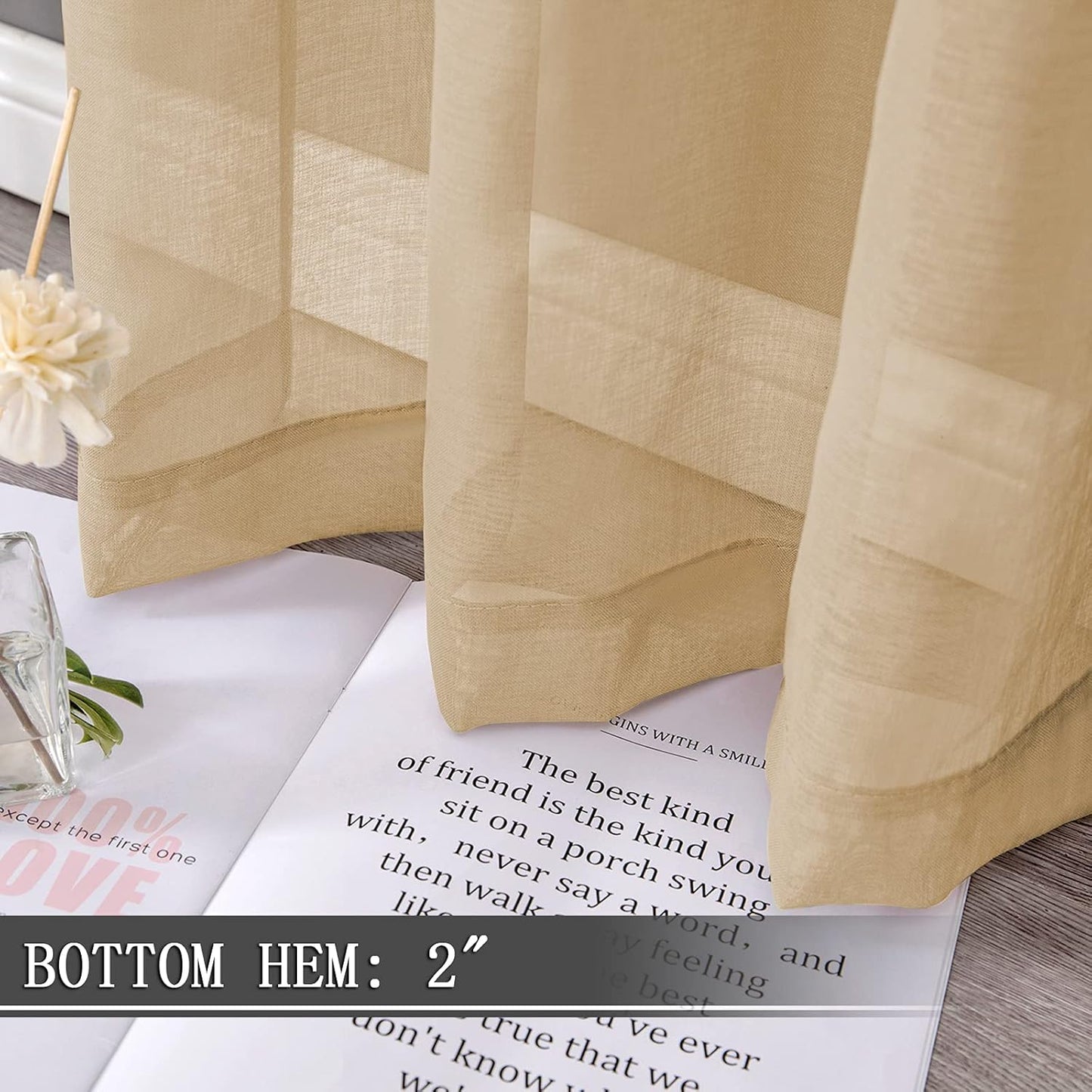 Tollpiz Short Sheer Curtains Linen Textured Bedroom Curtain Sheers Light Filtering Rod Pocket Voile Curtains for Living Room, 54 x 45 inches Long, Beige, Set of 2 Panels