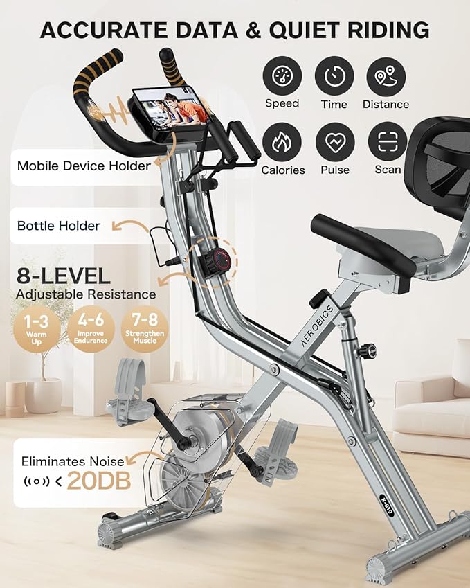 pooboo Folding Exercise Bike, Foldable Upright Stationary Bike, Indoor Cycling Magnetic X-Bike with 8-Level Adjustable Resistance, 6.6 LBS Flywheel, 300LB Capacity, Bottle Holder & Back Support Cushion for Home Gym