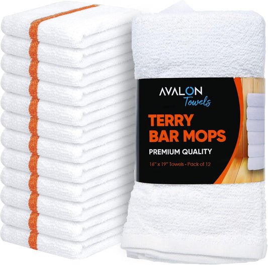 Avalon Towels Terry Bar Mop Towels (Value Pack of 12) Size 16"x19" – Absorbent and Durable, Multipurpose Cleaning Rags, Cotton Cleaning Cloths, Terry Cloth Rags, Reusable Shop Rag