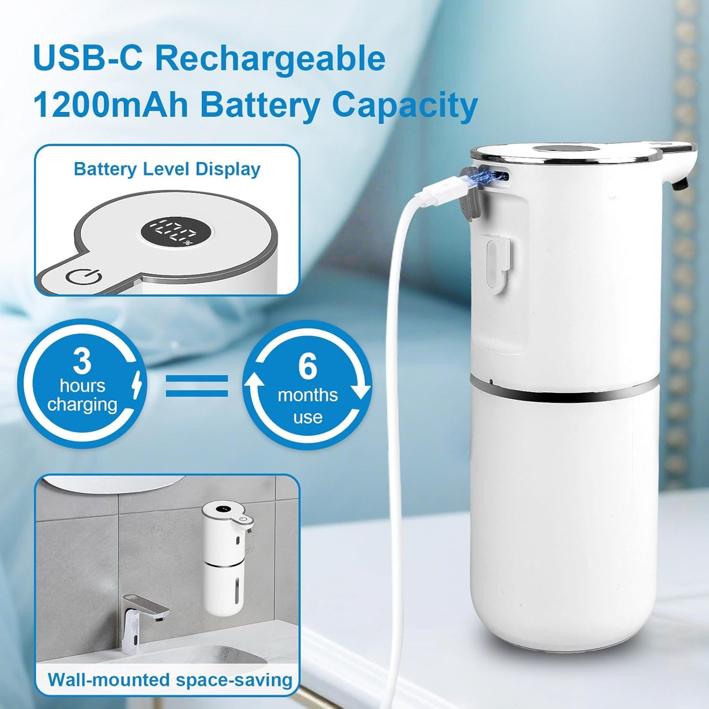 Automatic Foaming Soap Dispenser Touchless, USB Rechargeable Smart Hand Soap Dispenser, 6-Level Adjustable, 12.8oz/380mL Wall Mounted for Bathroom Kitchen Dish Soap